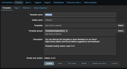 The new Template metadata in the Zabbix 6.4 UI