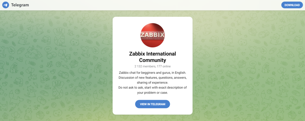 Download the Telegram app to engage with the Zabbix community securely and privately. 