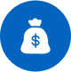 White money bag icon in blue circle
