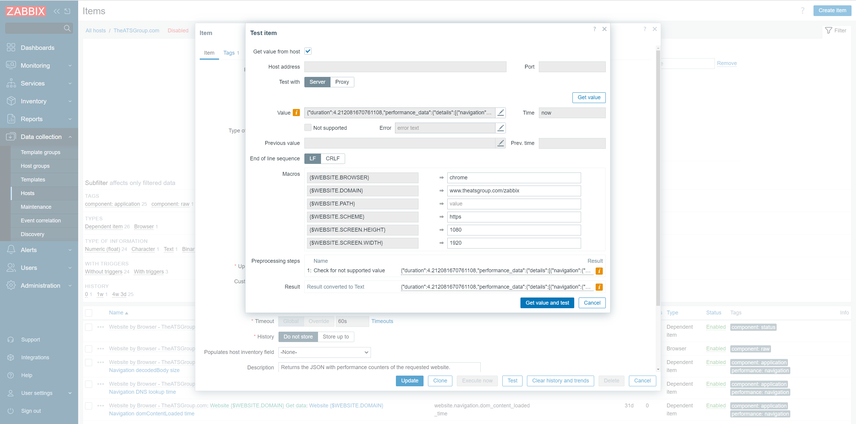 Screenshot of Zabbix Brower Test Item