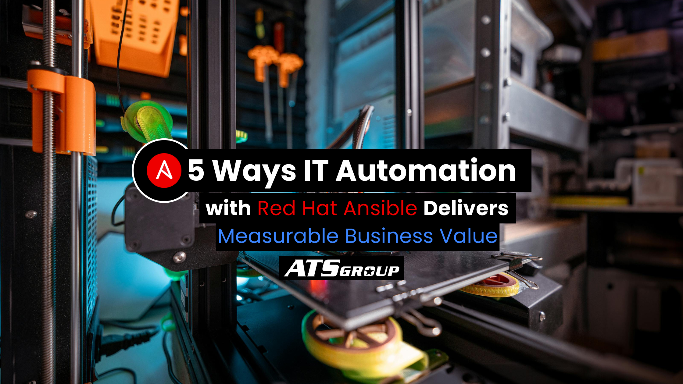 Red Hat Ansible automation blog graphic with title overlay and a close-up of automation equipment in a lab.